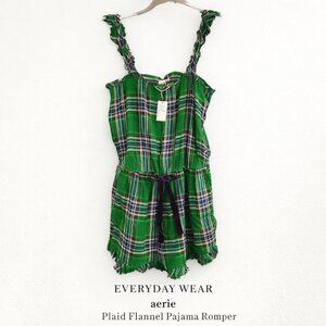 Aerie NWT Plaid Flannel Pajama Romper Green Blue M Pockets